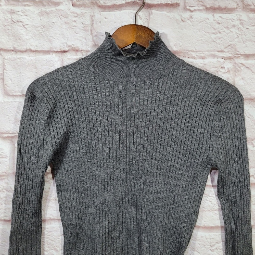 Zara Gray Rib Knit Ruffle Trim Turtleneck Sweater - Picture 2 of 10